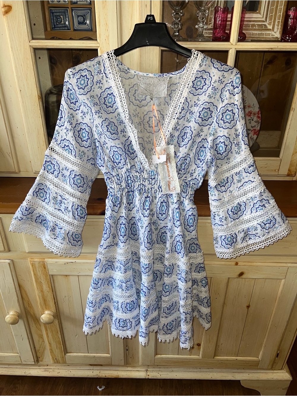 Temptation Positano Blue & White Linen Shirt Bell Sleeve Dress Size Small - Picture 2 of 13
